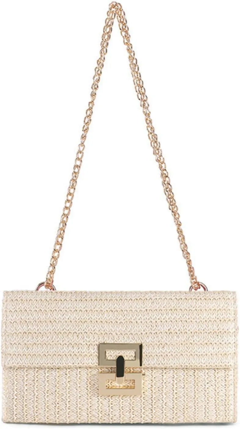Women's Shoulder Straw Bag, Boho Tote Handbag, Beach Straw Clutch Purse with Chain Strath, Crossbody Bag for Summer Evening