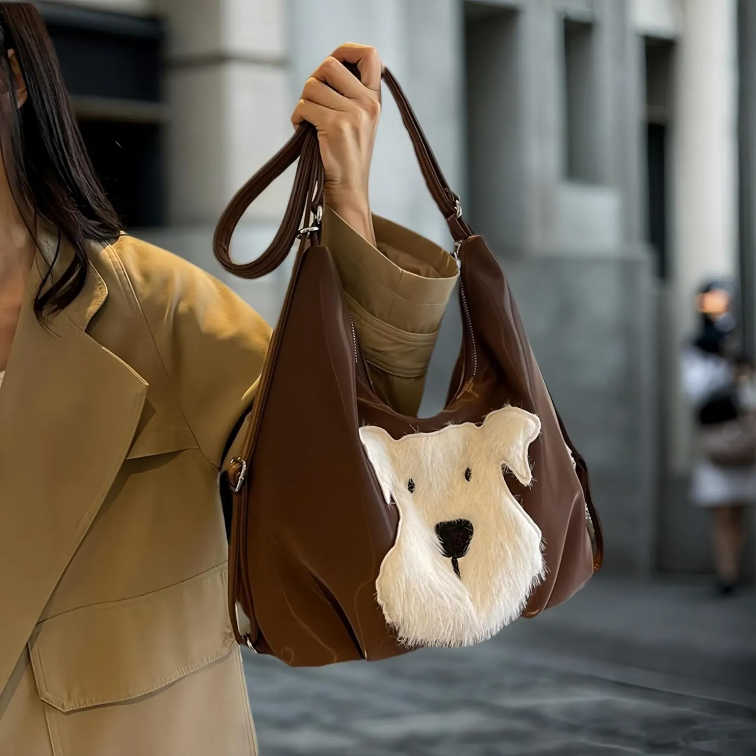 Women's Silk Luster PU Leather Shoulder Bag Hobo Tote Backpack with Cute Furry Animal Pattern (Brown)