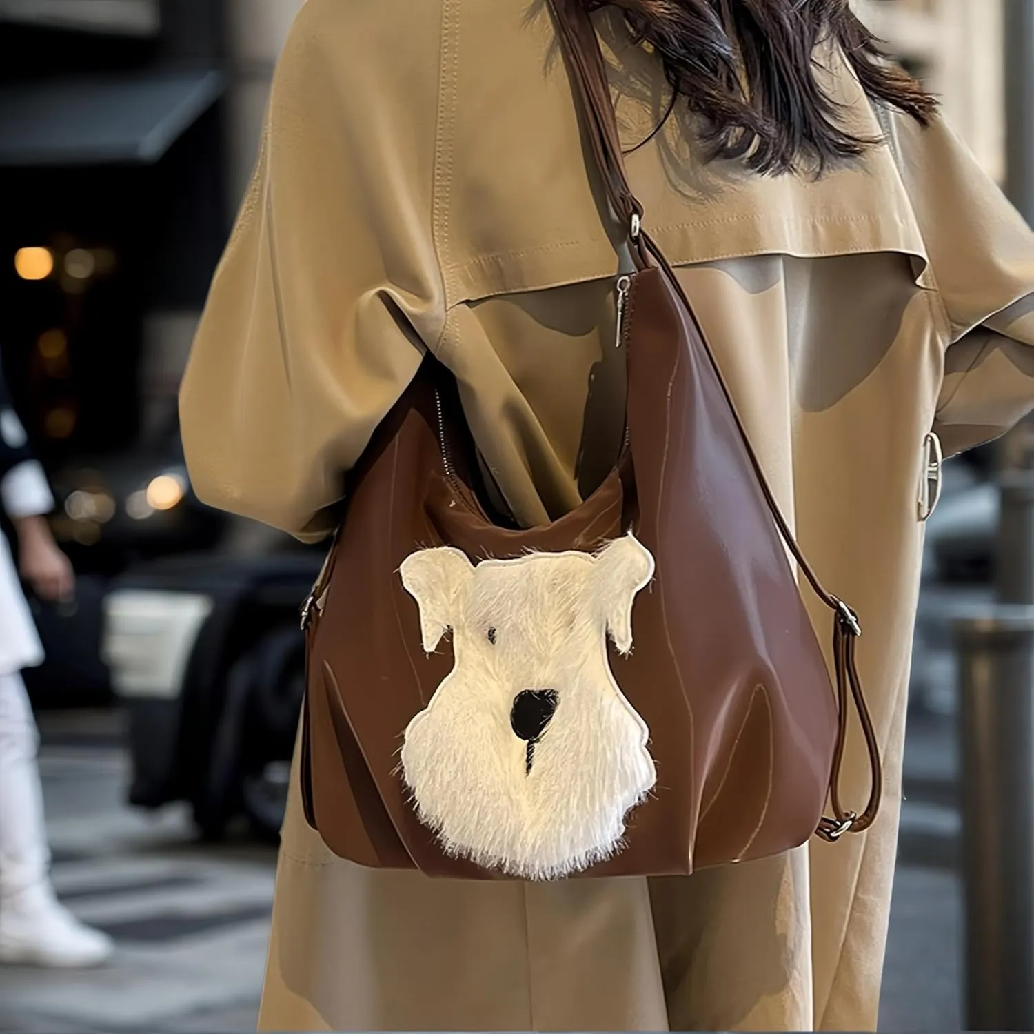 Women's Silk Luster PU Leather Shoulder Bag Hobo Tote Backpack with Cute Furry Animal Pattern (Brown)