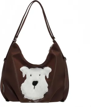 Women's Silk Luster PU Leather Shoulder Bag Hobo Tote Backpack with Cute Furry Animal Pattern (Brown)