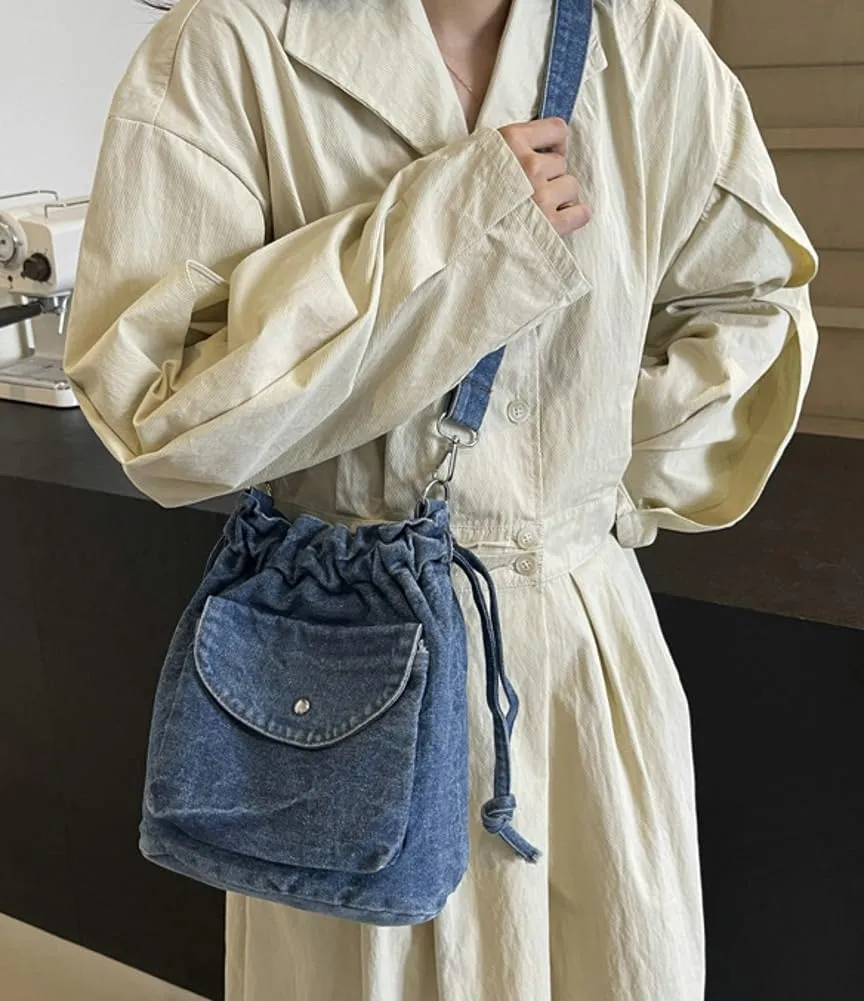 Womens Small Denim Shoulder Crossbody Bag Canvas Bucket Tote Bag Drawstring Lightweight Phone Purse Handbags