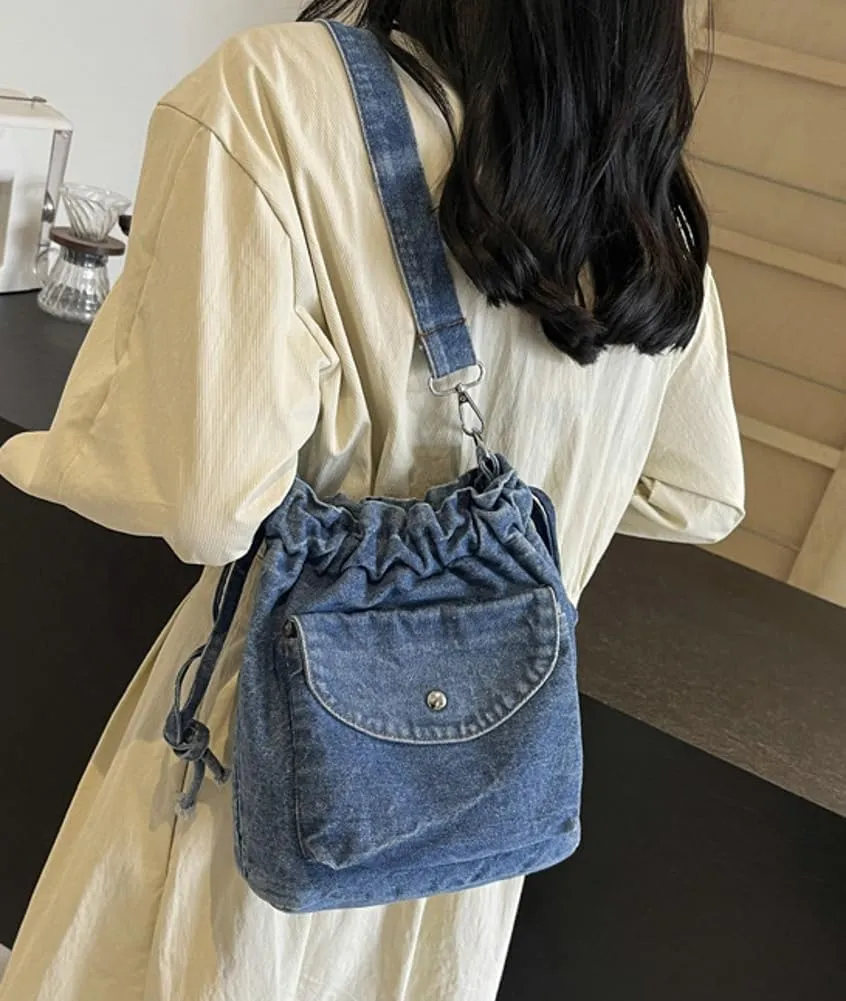 Womens Small Denim Shoulder Crossbody Bag Canvas Bucket Tote Bag Drawstring Lightweight Phone Purse Handbags