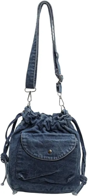 Womens Small Denim Shoulder Crossbody Bag Canvas Bucket Tote Bag Drawstring Lightweight Phone Purse Handbags