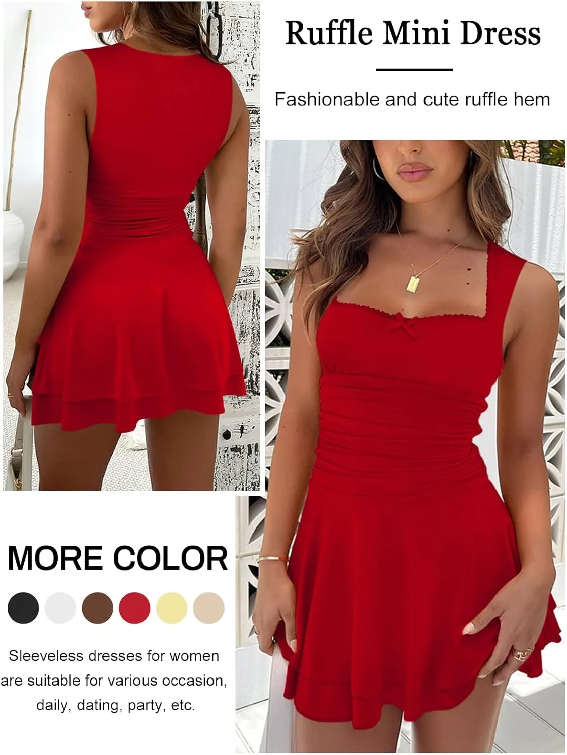 Women's Square Neck Ruffle Mini Dresses Ruched Waist Slim Sleeveless Corset Dress for Women Summer Short Party Dress
