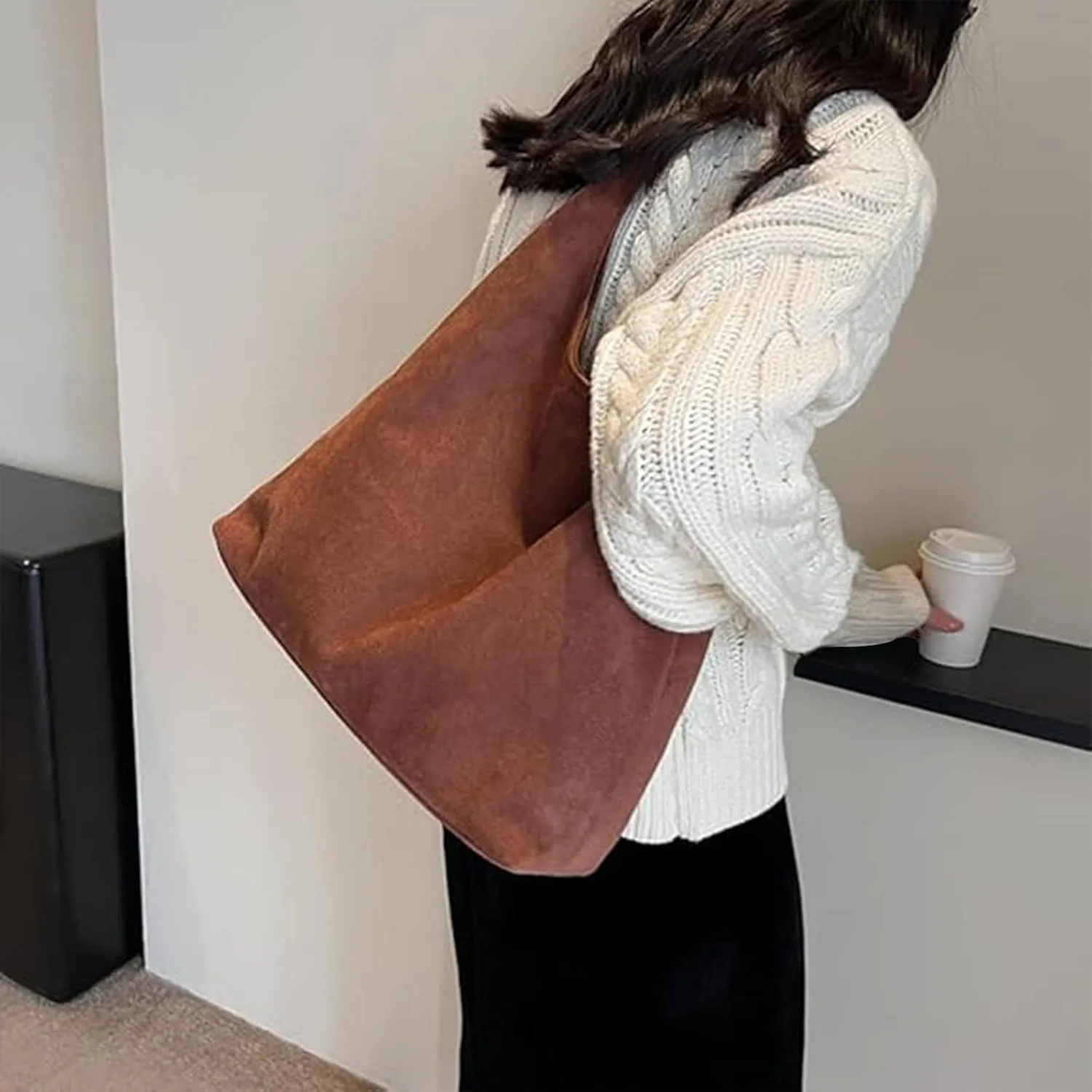 Women's Tote Bag for Work & Travel - Large Capacity Office Handbag with Suede Slouchy Design, Versatile Shoulder Bag