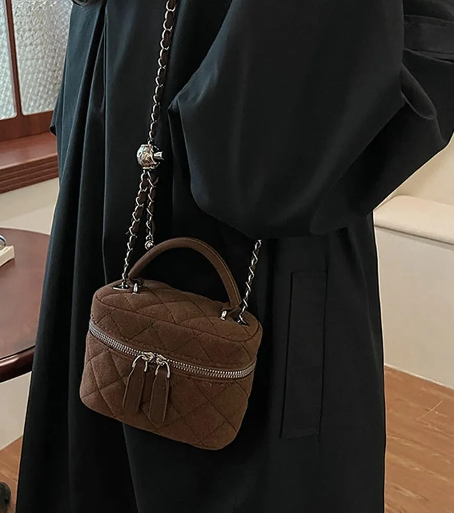 Women’s Trendy Quilted Crossbody Bag Suede Square Box Mini Chain Strap Shoulder Bag Top Handle Purse Cute Tote Handbag