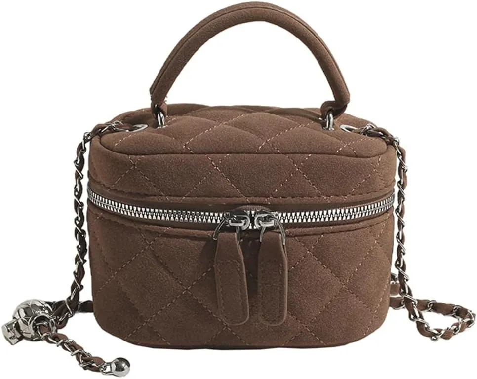 Women’s Trendy Quilted Crossbody Bag Suede Square Box Mini Chain Strap Shoulder Bag Top Handle Purse Cute Tote Handbag