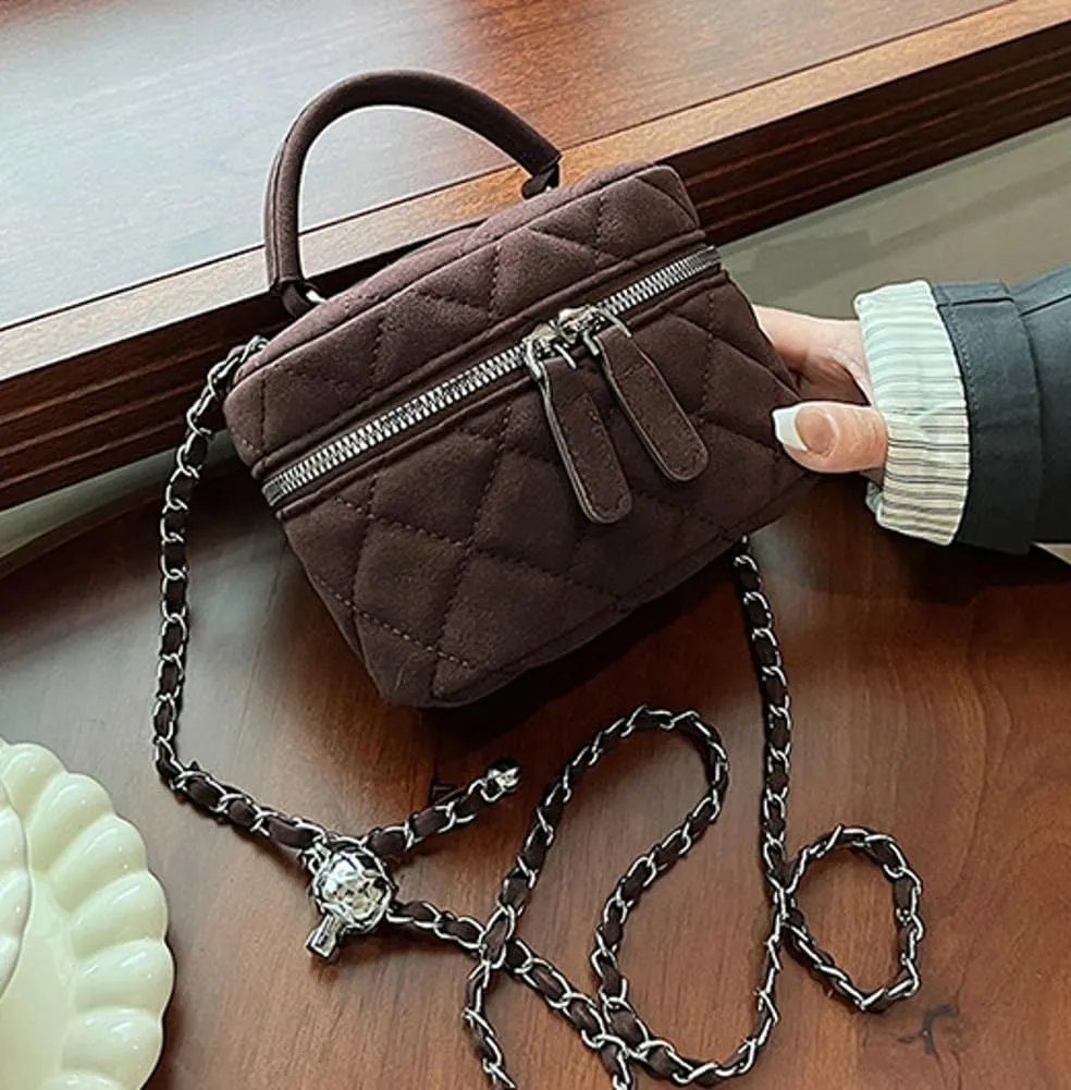 Women’s Trendy Quilted Crossbody Bag Suede Square Box Mini Chain Strap Shoulder Bag Top Handle Purse Cute Tote Handbag