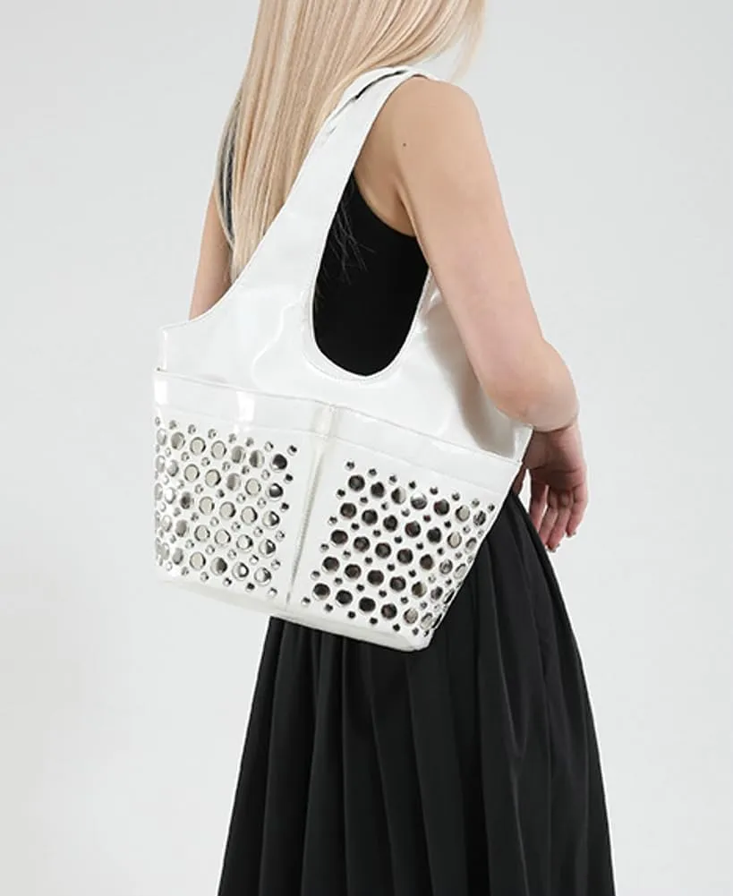 Womens Trendy Studded Bucket Bag Large Shoulder Purse Metal Rivet Tote Spacious Top Handle Handbag Satchels