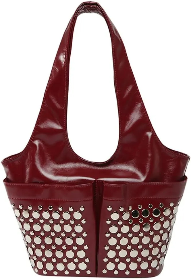 Womens Trendy Studded Bucket Bag Large Shoulder Purse Metal Rivet Tote Spacious Top Handle Handbag Satchels