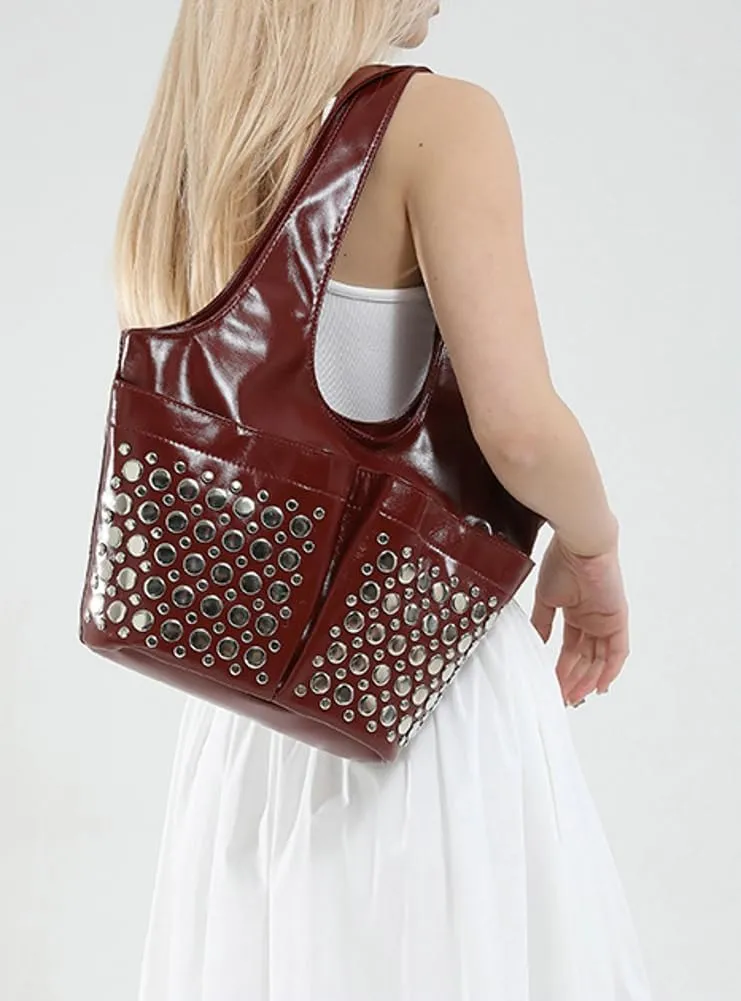 Womens Trendy Studded Bucket Bag Large Shoulder Purse Metal Rivet Tote Spacious Top Handle Handbag Satchels