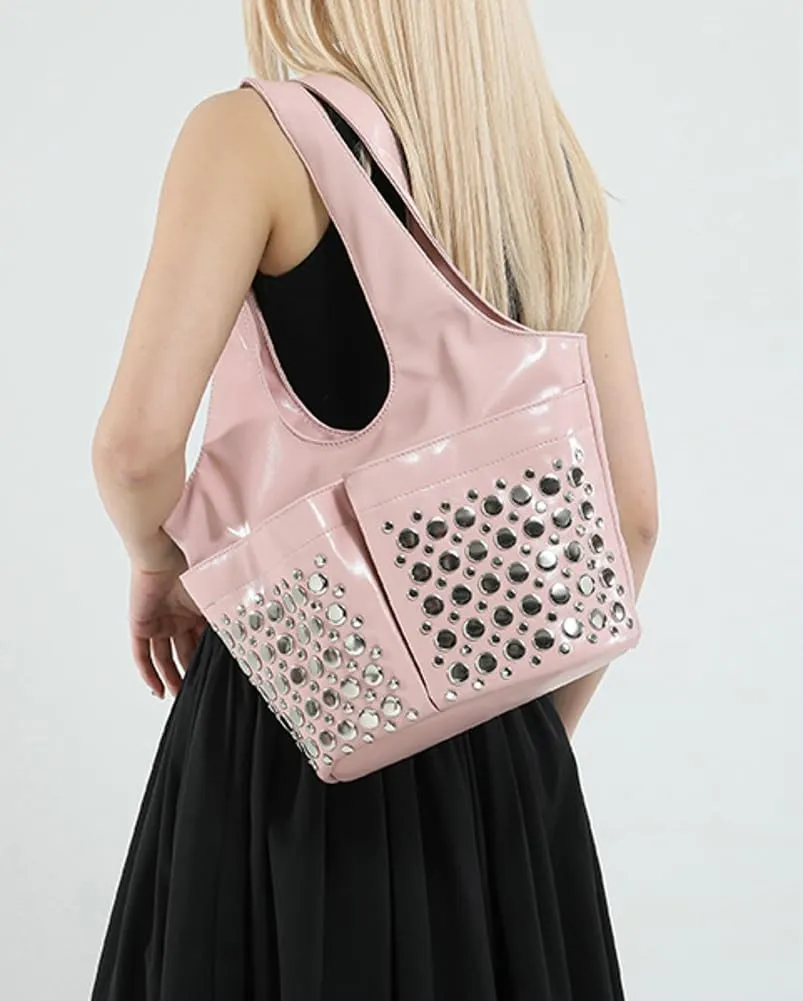 Womens Trendy Studded Bucket Bag Large Shoulder Purse Metal Rivet Tote Spacious Top Handle Handbag Satchels