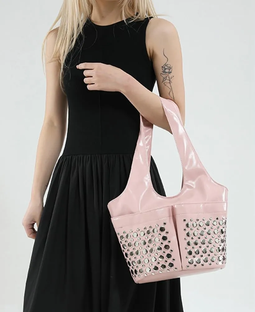 Womens Trendy Studded Bucket Bag Large Shoulder Purse Metal Rivet Tote Spacious Top Handle Handbag Satchels