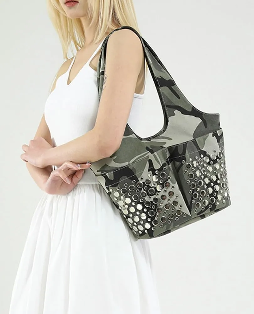 Womens Trendy Studded Bucket Bag Large Shoulder Purse Metal Rivet Tote Spacious Top Handle Handbag Satchels