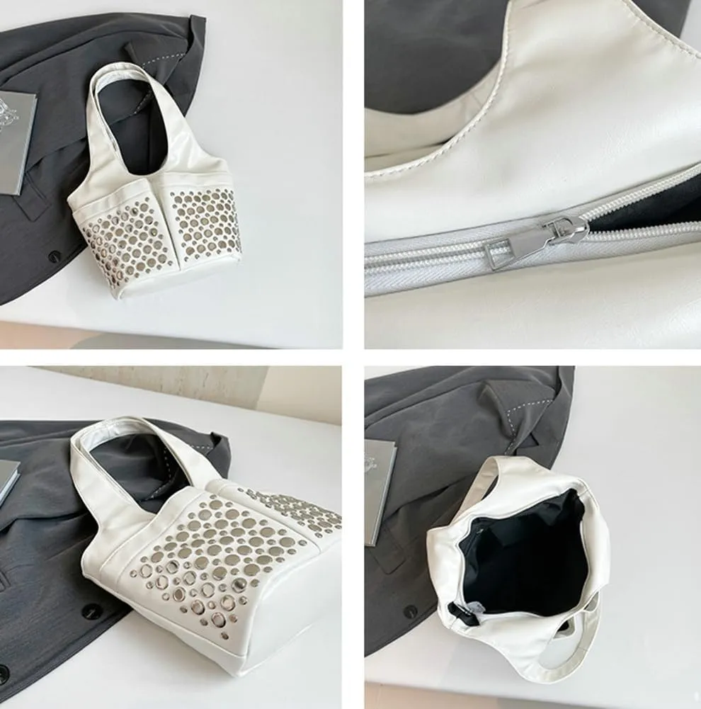 Womens Trendy Studded Bucket Bag Large Shoulder Purse Metal Rivet Tote Spacious Top Handle Handbag Satchels