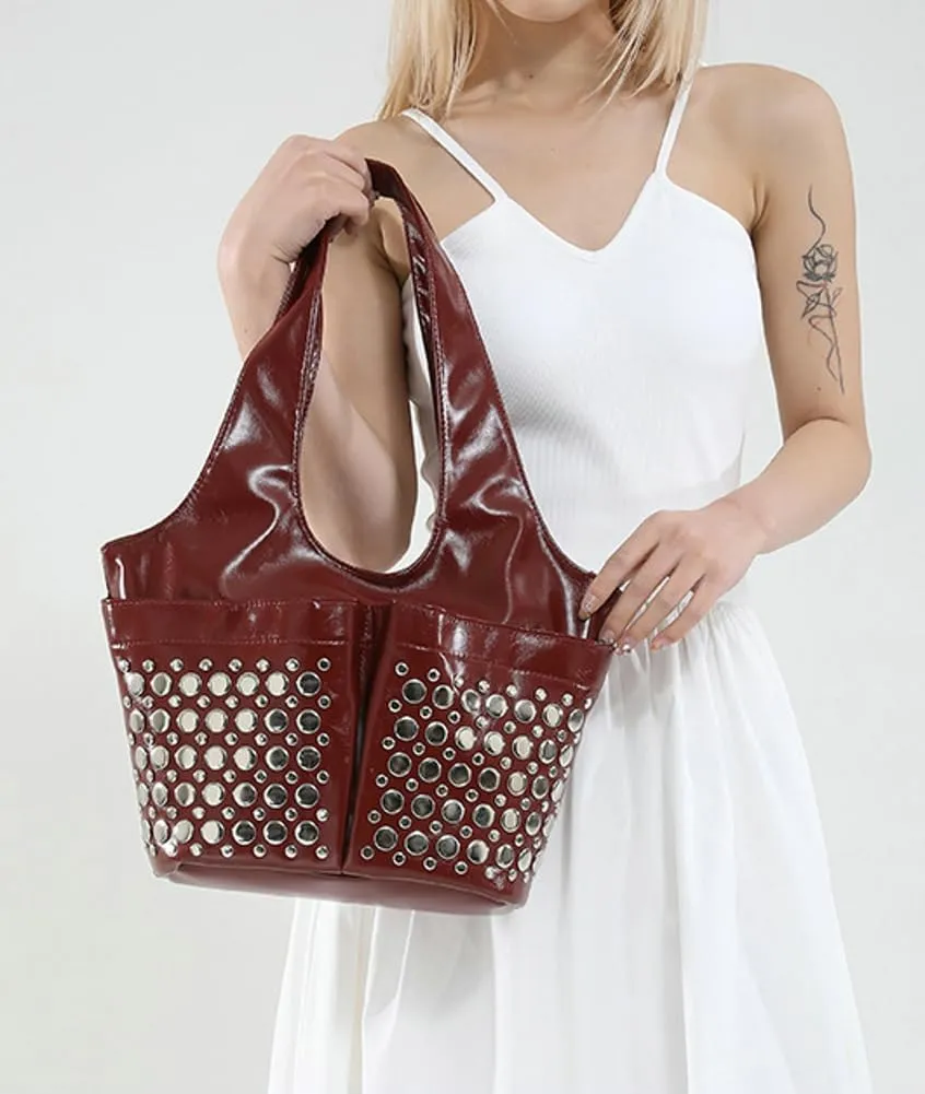 Womens Trendy Studded Bucket Bag Large Shoulder Purse Metal Rivet Tote Spacious Top Handle Handbag Satchels