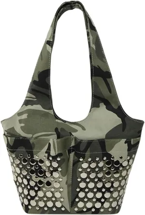 Womens Trendy Studded Bucket Bag Large Shoulder Purse Metal Rivet Tote Spacious Top Handle Handbag Satchels