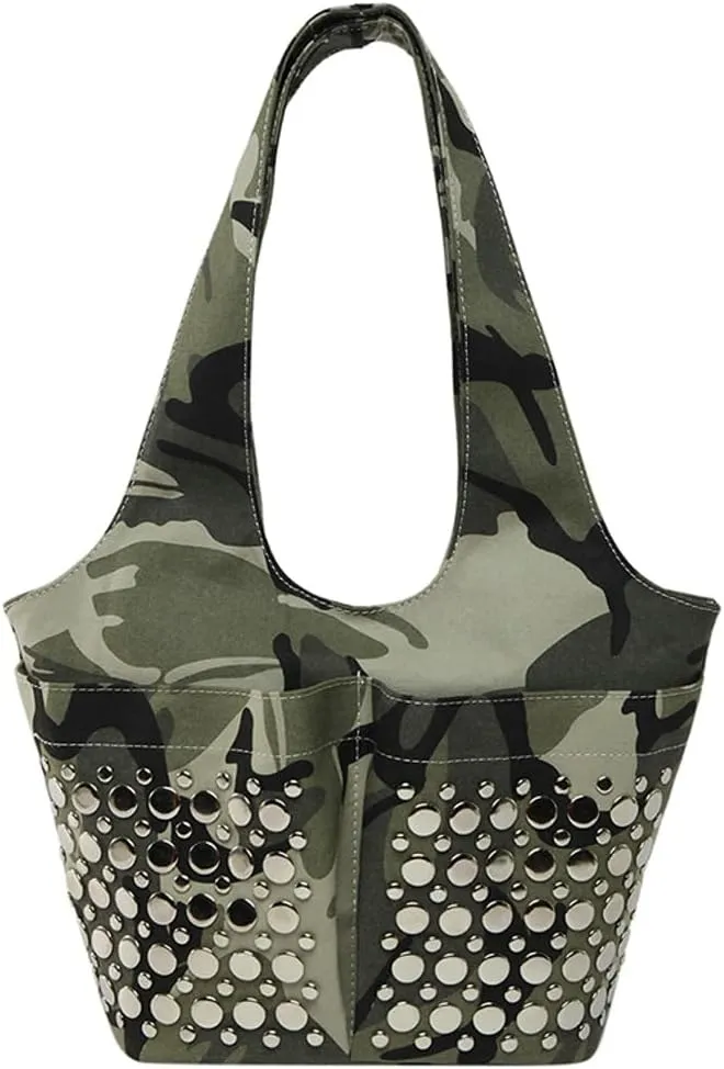 Womens Trendy Studded Bucket Bag Large Shoulder Purse Metal Rivet Tote Spacious Top Handle Handbag Satchels