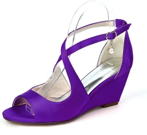 Women's Wedding Shoes Peep Toe 2.5 Inches Wedge Heel Lace Satin Bridal Shoes Sandals,Dark Purple,11