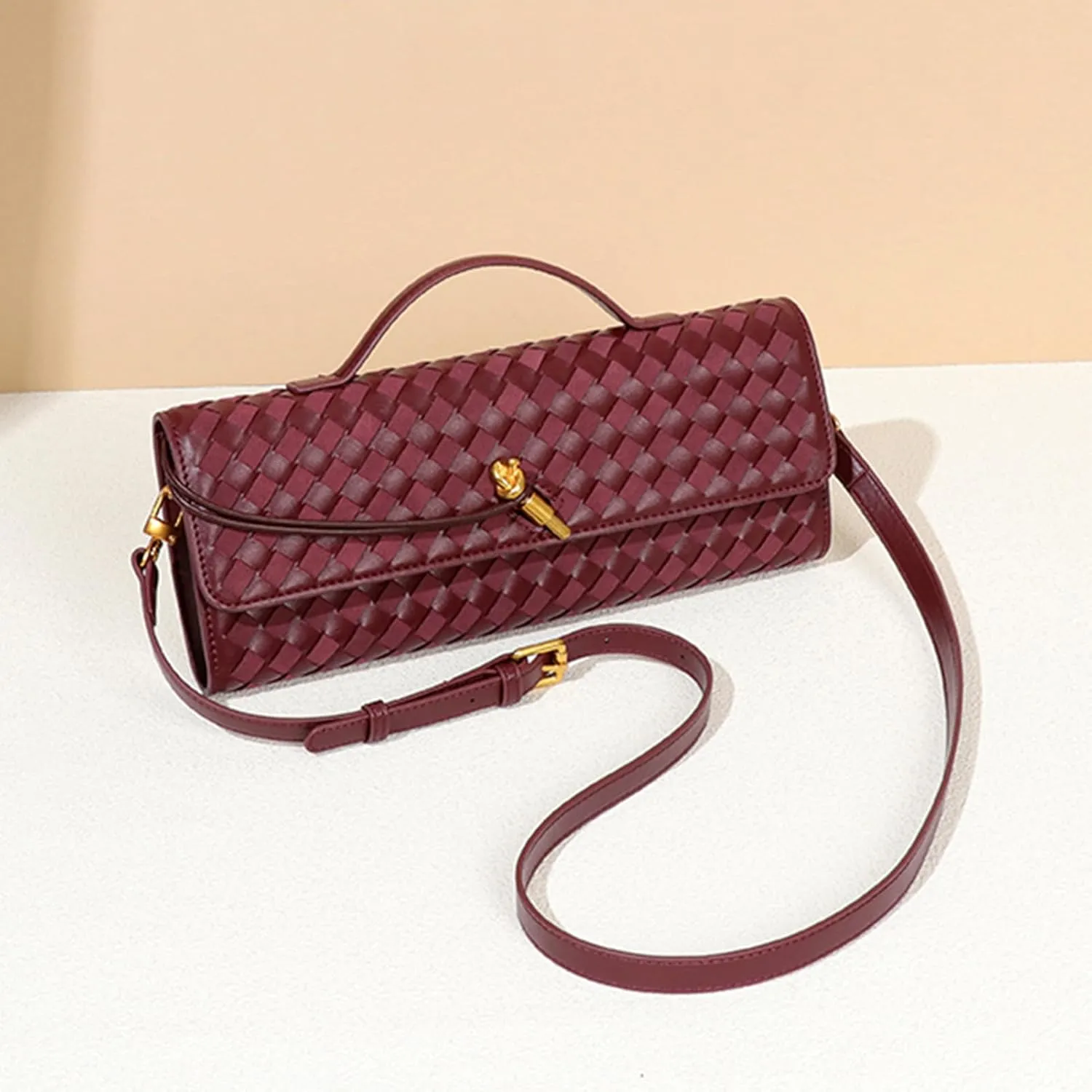 Women's Woven Suede and PU Leather Clutch Purse - Elegant Top-Handle Shoulder Crossbody Evening Bag with Detachable Strap