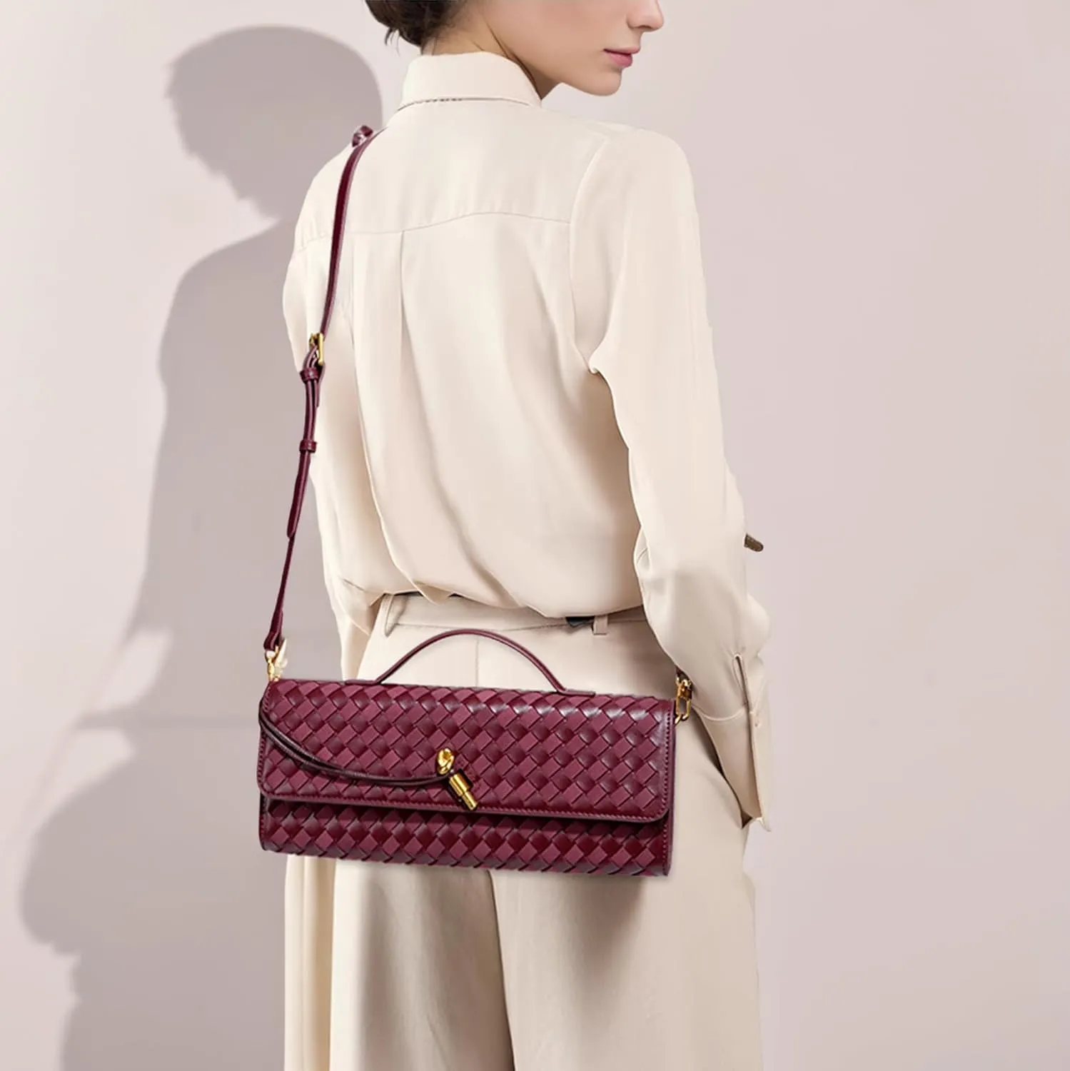 Women's Woven Suede and PU Leather Clutch Purse - Elegant Top-Handle Shoulder Crossbody Evening Bag with Detachable Strap