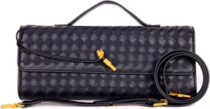 Women's Woven Suede and PU Leather Clutch Purse - Elegant Top-Handle Shoulder Crossbody Evening Bag with Detachable Strap