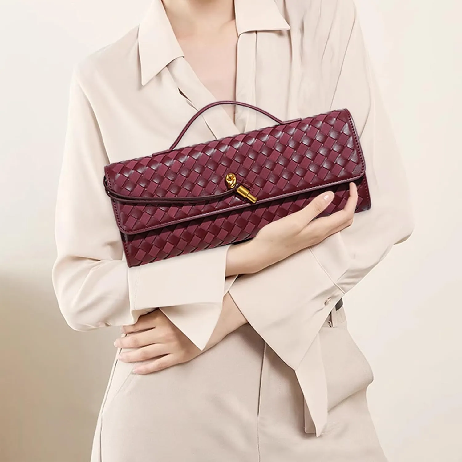 Women's Woven Suede and PU Leather Clutch Purse - Elegant Top-Handle Shoulder Crossbody Evening Bag with Detachable Strap