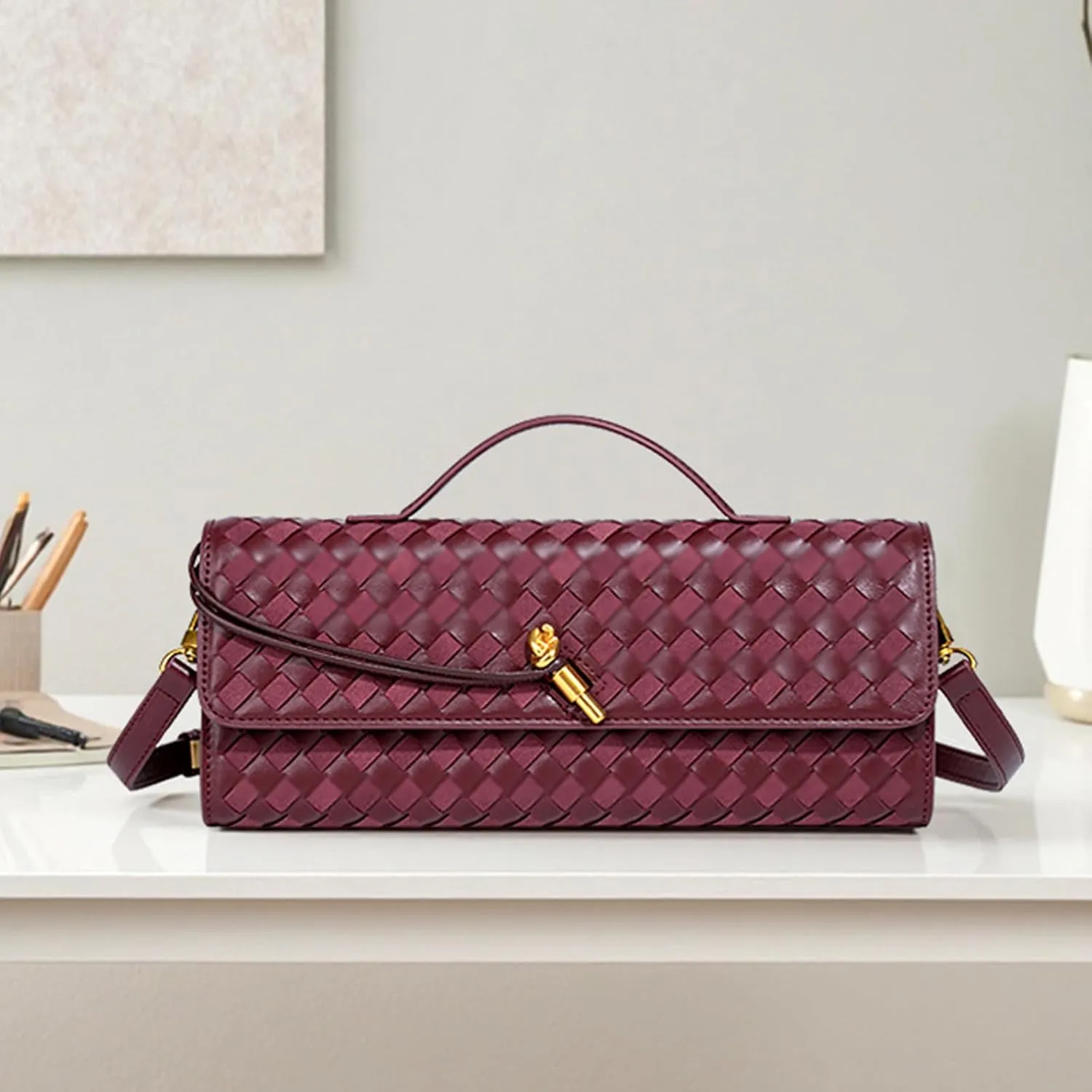 Women's Woven Suede and PU Leather Clutch Purse - Elegant Top-Handle Shoulder Crossbody Evening Bag with Detachable Strap