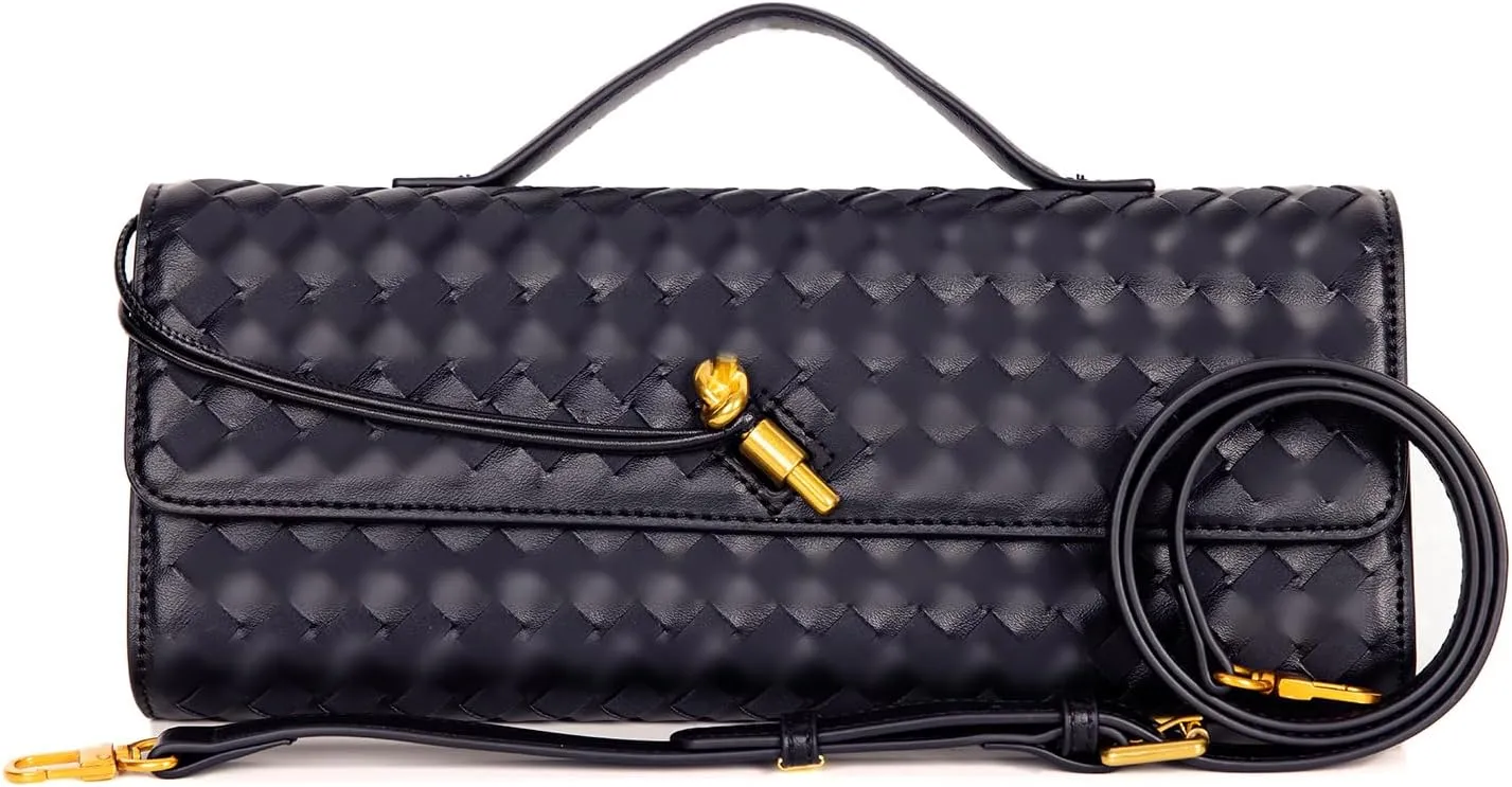 Women's Woven Suede and PU Leather Clutch Purse - Elegant Top-Handle Shoulder Crossbody Evening Bag with Detachable Strap