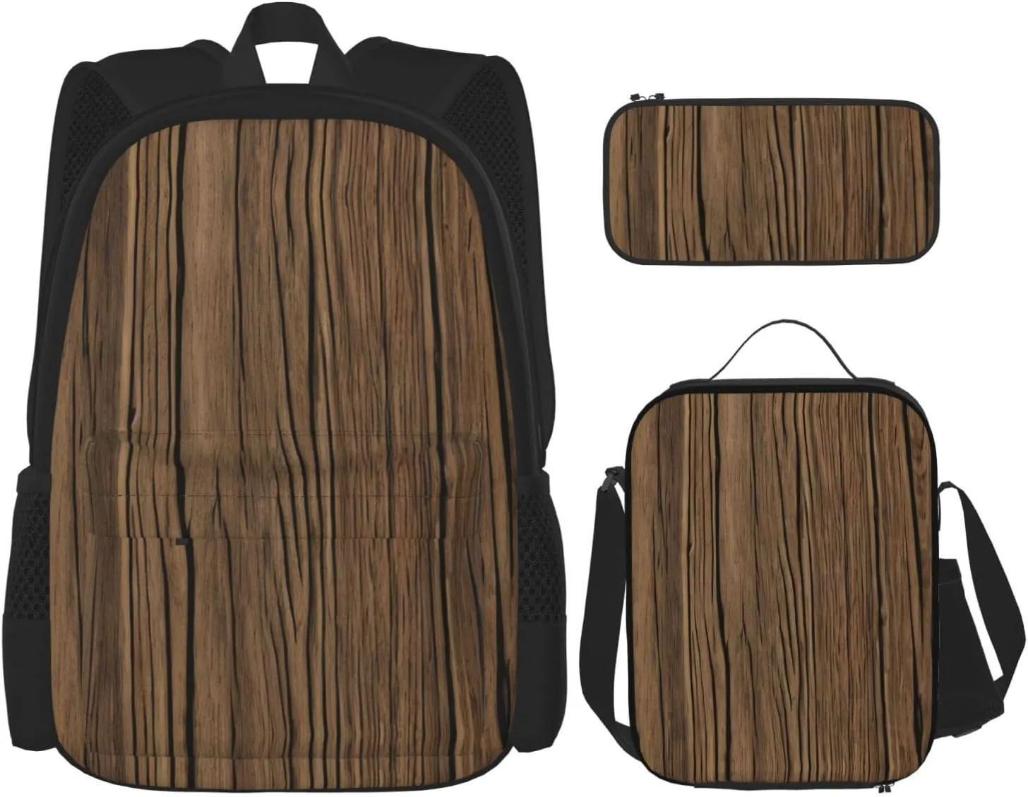 Wood Grain Print Versatile Adjustable Shoulder Fashion Backpack Lunch Bag Pencil Case Large Capacity