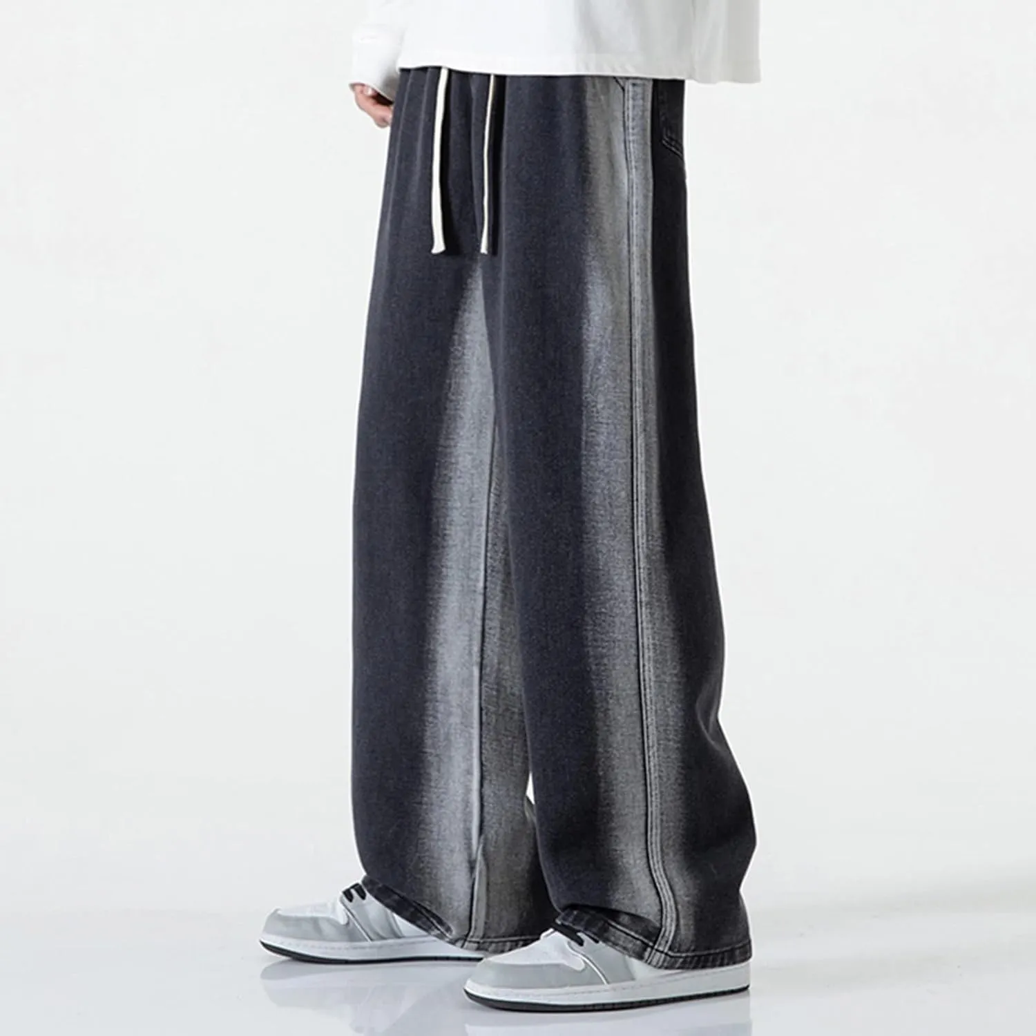Work Long Trousers Jeans Pants Pocket Drawstring Waist Solid Color Slim Toe Jeans Taper Jean Men's Straight Fit
