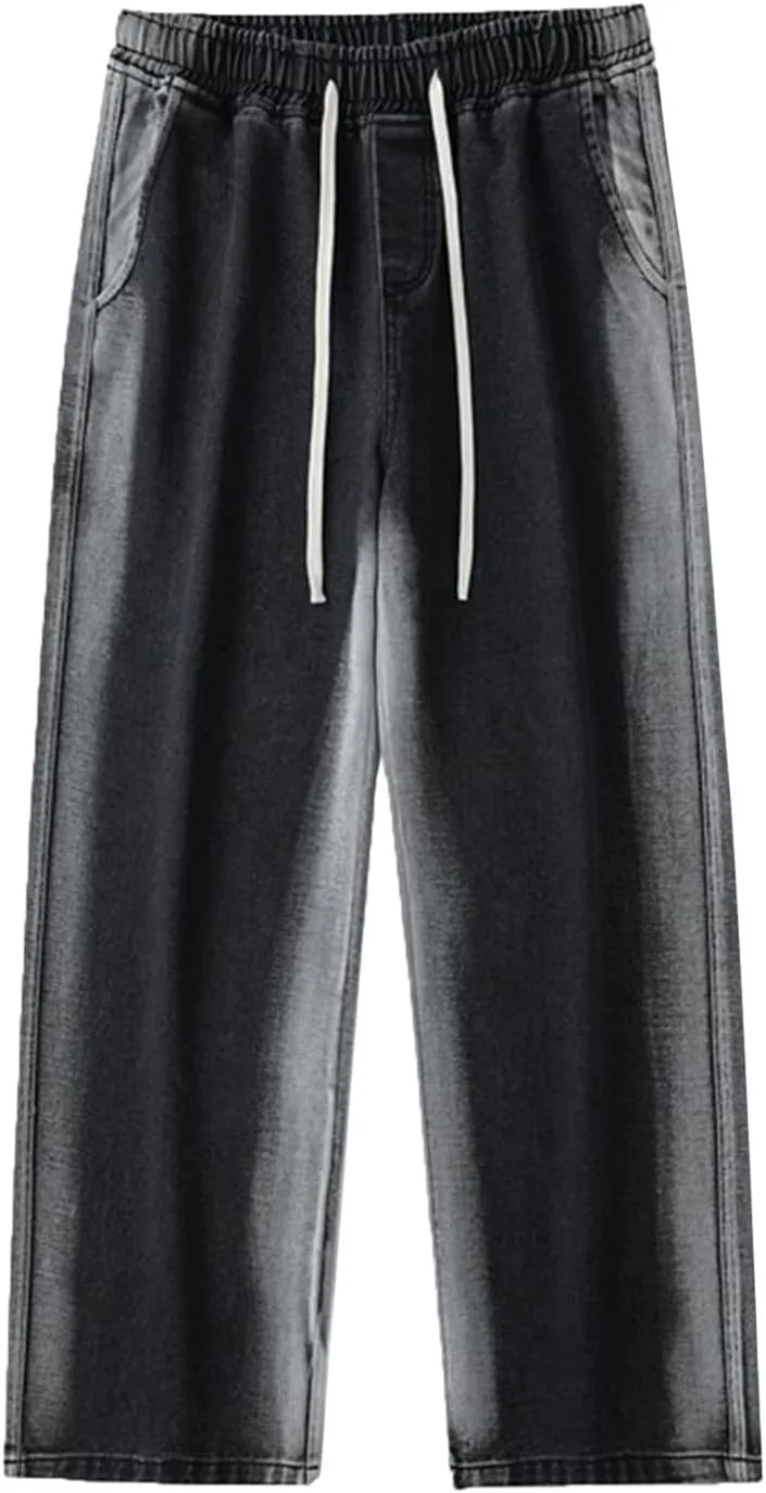 Work Long Trousers Jeans Pants Pocket Drawstring Waist Solid Color Slim Toe Jeans Taper Jean Men's Straight Fit