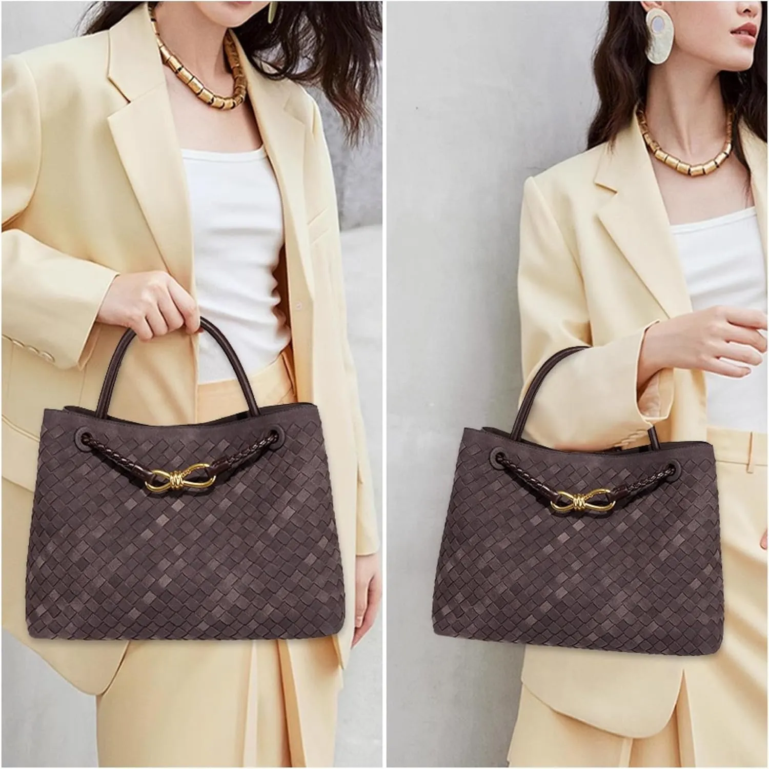 Woven Bag for Women, Suede Bag Top Handle Satchel PU Leather Tote Woven Purse Handbag Shoulder Bag