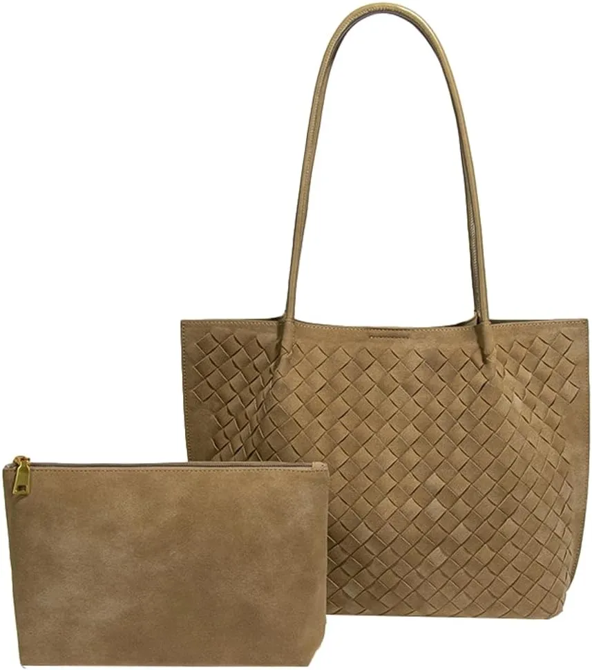 Woven Bag Suede Tote Handbag for Women PU Leather Shoulder Bag Suede Woven Underarm Purse Top Handle Handbag with Wallet 2025