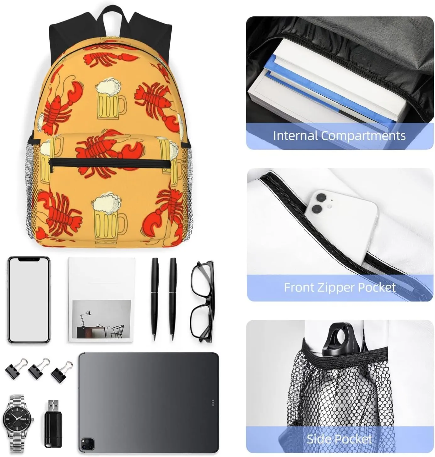 Wurton Beer And Crawfish Pattern Print Multipurpose Casual Bag With Fashionable Travel,Work Outdoor Activities Backpack