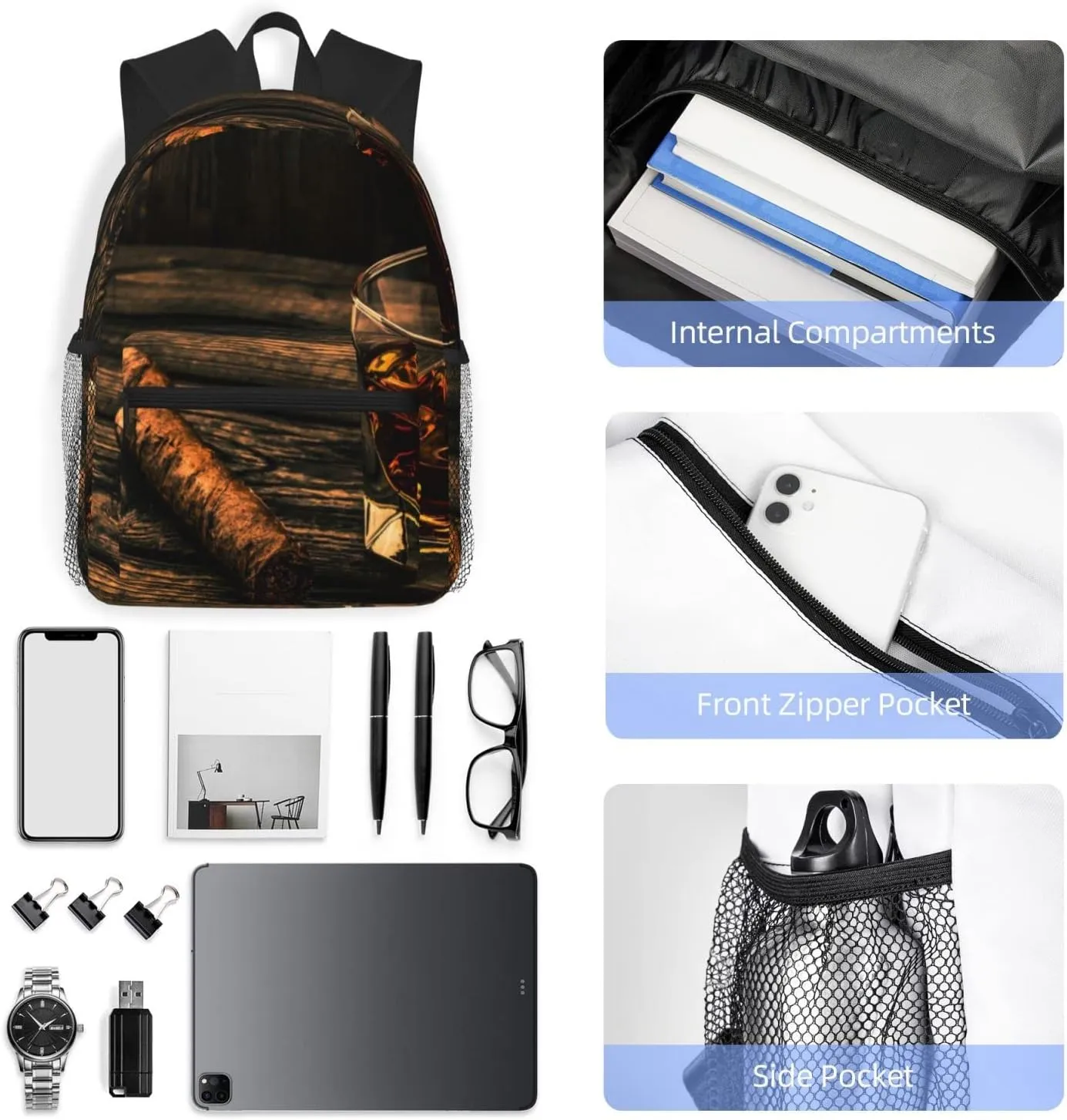 Wurton Cigar & Whiskey Print Multipurpose Casual Bag With Fashionable Travel,Work Outdoor Activities Backpack