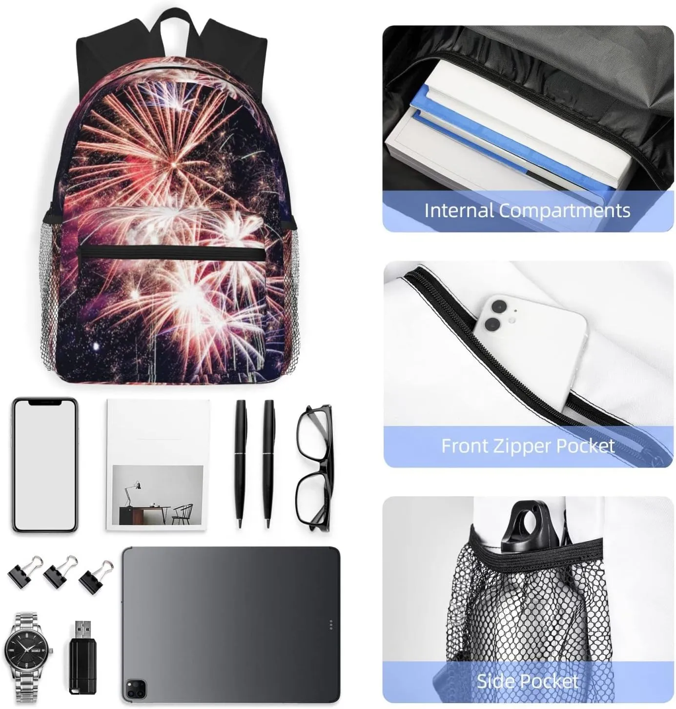 Wurton Explosion Firework Print Multipurpose Casual Bag With Fashionable Travel,Work Outdoor Activities Backpack