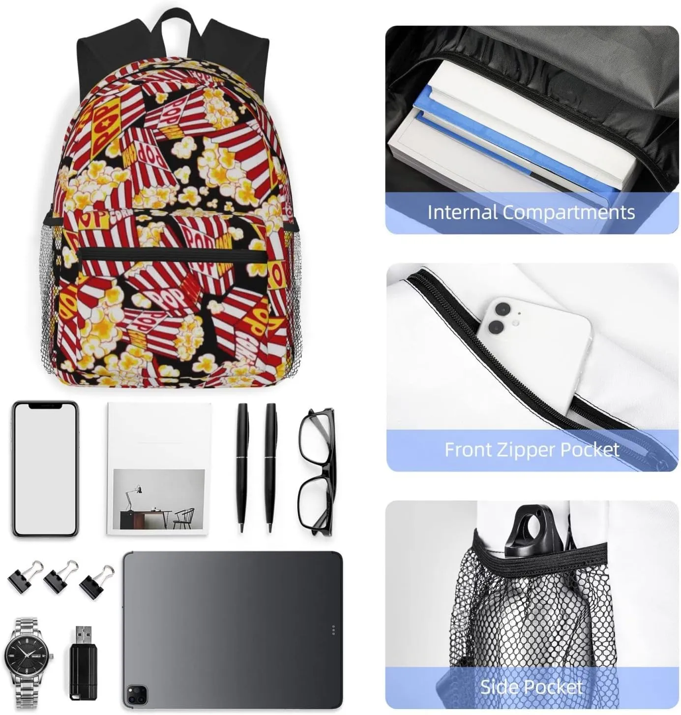 Wurton Popcorn Print Print Multipurpose Casual Bag With Fashionable Travel,Work Outdoor Activities Backpack