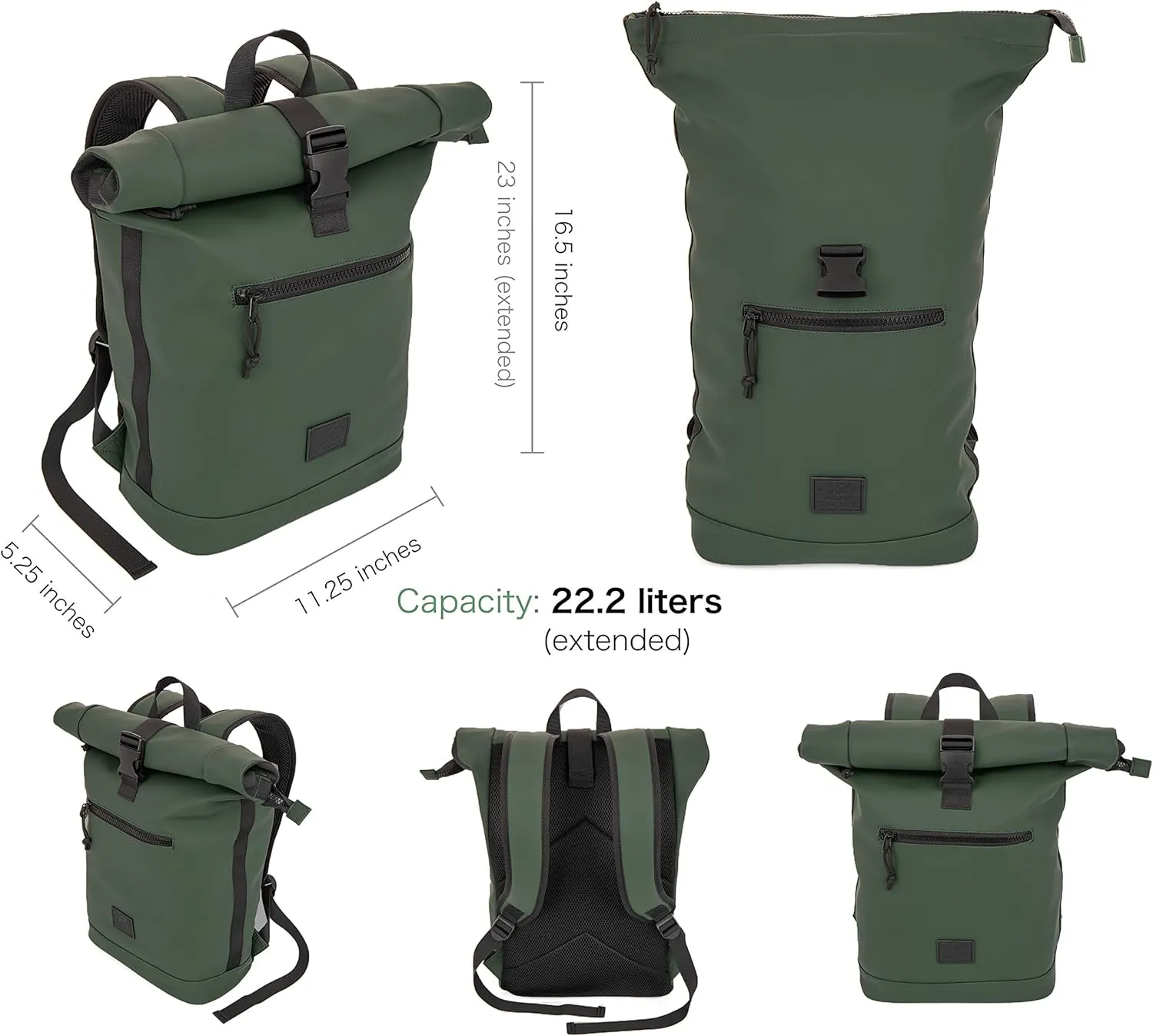X RAY Roll Top Laptop Backpack for Men Women, PU Leather Expandable Roll Up Backpack Capacity Adjustable 22L & Fits 15.6" Laptop, Dark Olive