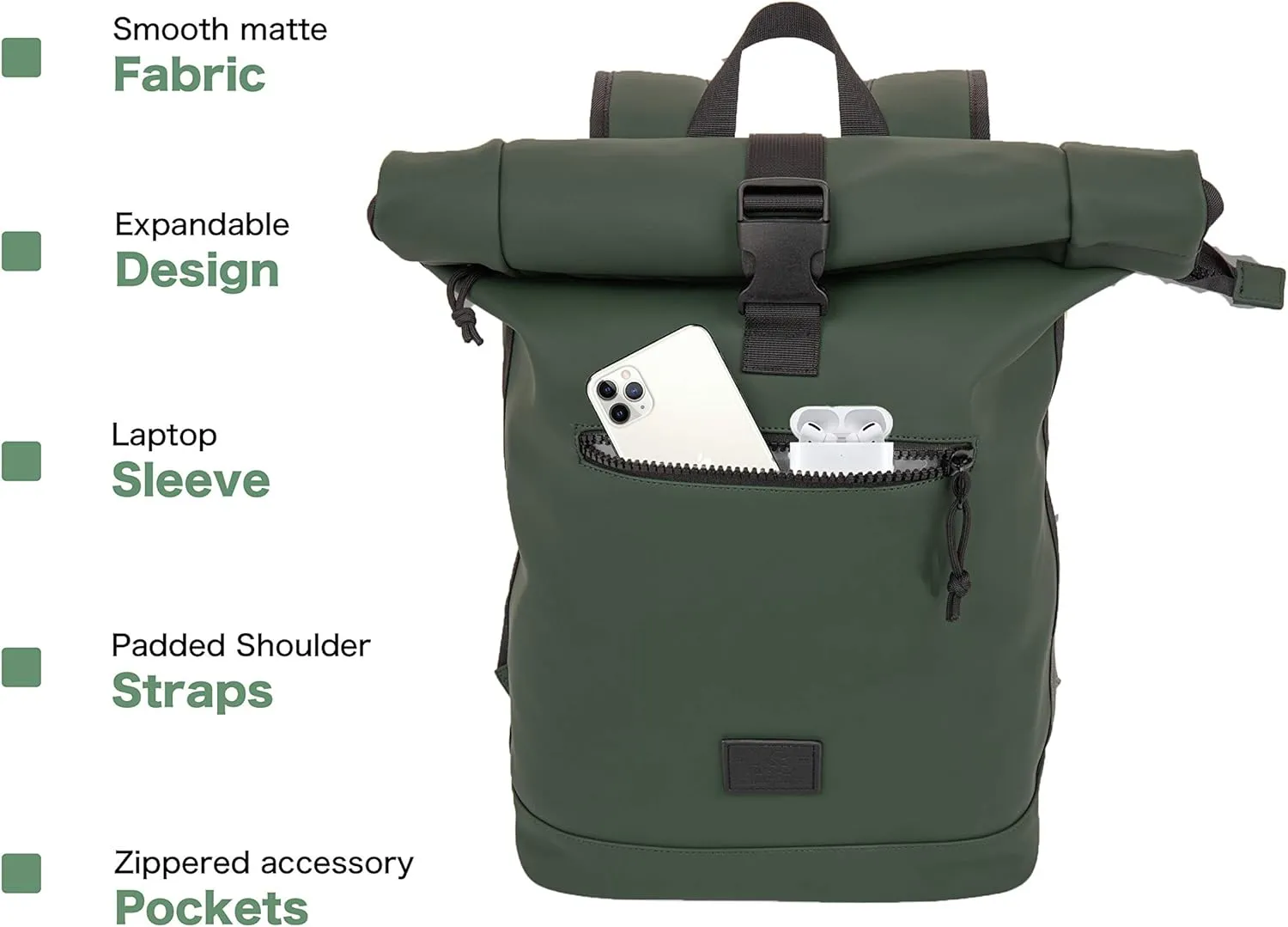 X RAY Roll Top Laptop Backpack for Men Women, PU Leather Expandable Roll Up Backpack Capacity Adjustable 22L & Fits 15.6" Laptop, Dark Olive