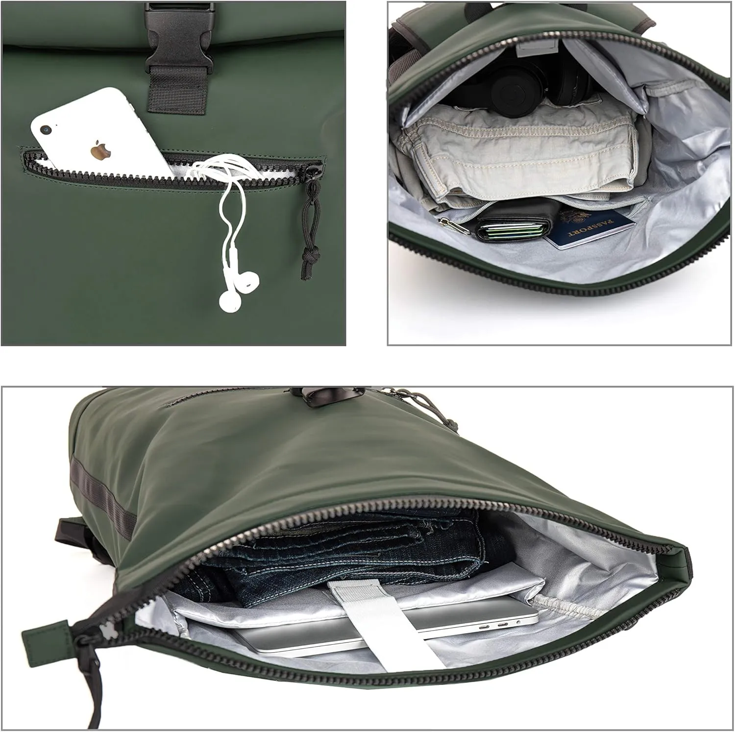 X RAY Roll Top Laptop Backpack for Men Women, PU Leather Expandable Roll Up Backpack Capacity Adjustable 22L & Fits 15.6" Laptop, Dark Olive