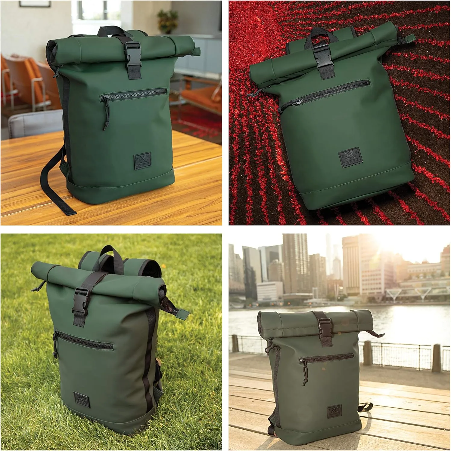 X RAY Roll Top Laptop Backpack for Men Women, PU Leather Expandable Roll Up Backpack Capacity Adjustable 22L & Fits 15.6" Laptop, Dark Olive