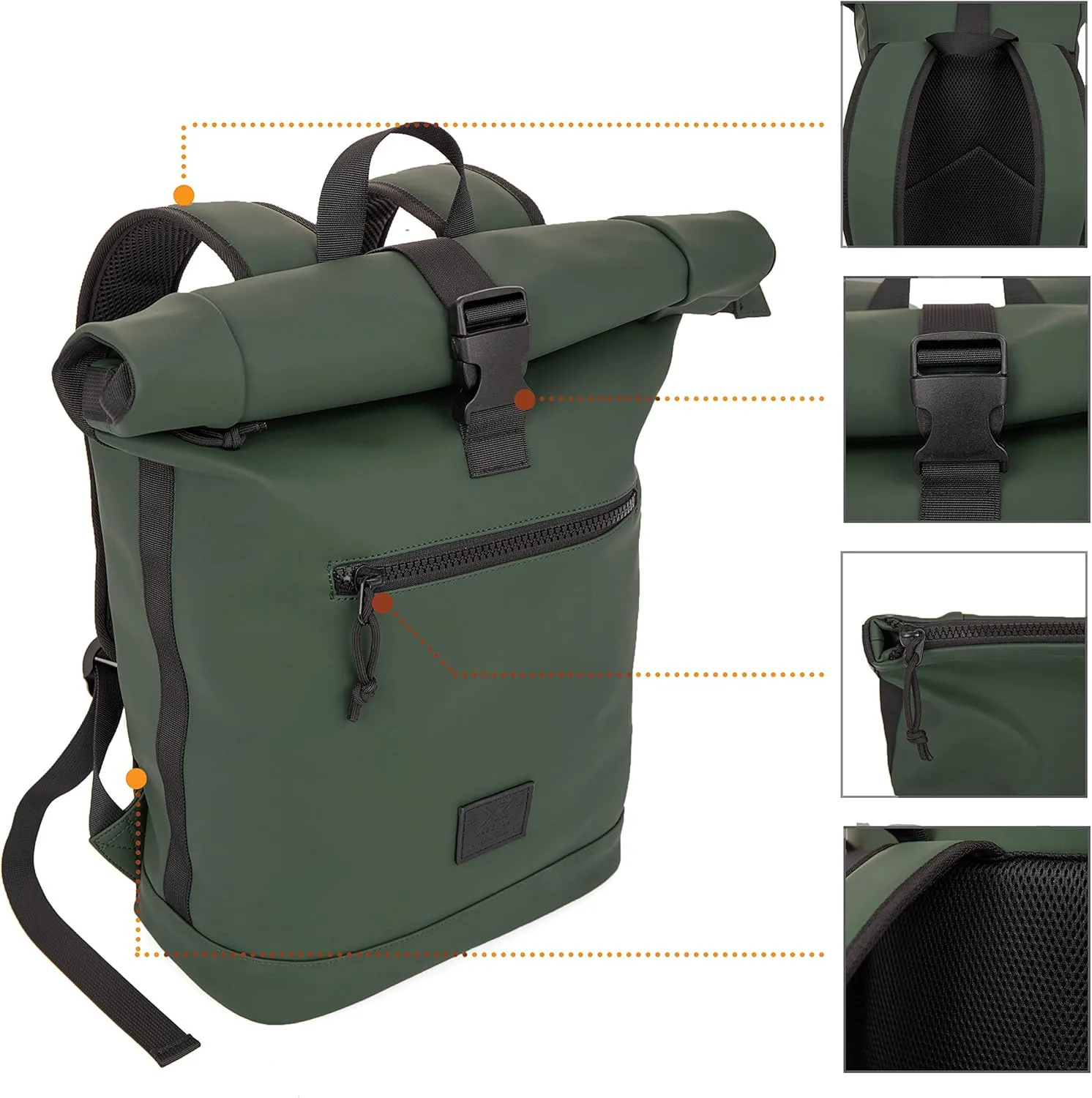 X RAY Roll Top Laptop Backpack for Men Women, PU Leather Expandable Roll Up Backpack Capacity Adjustable 22L & Fits 15.6" Laptop, Dark Olive