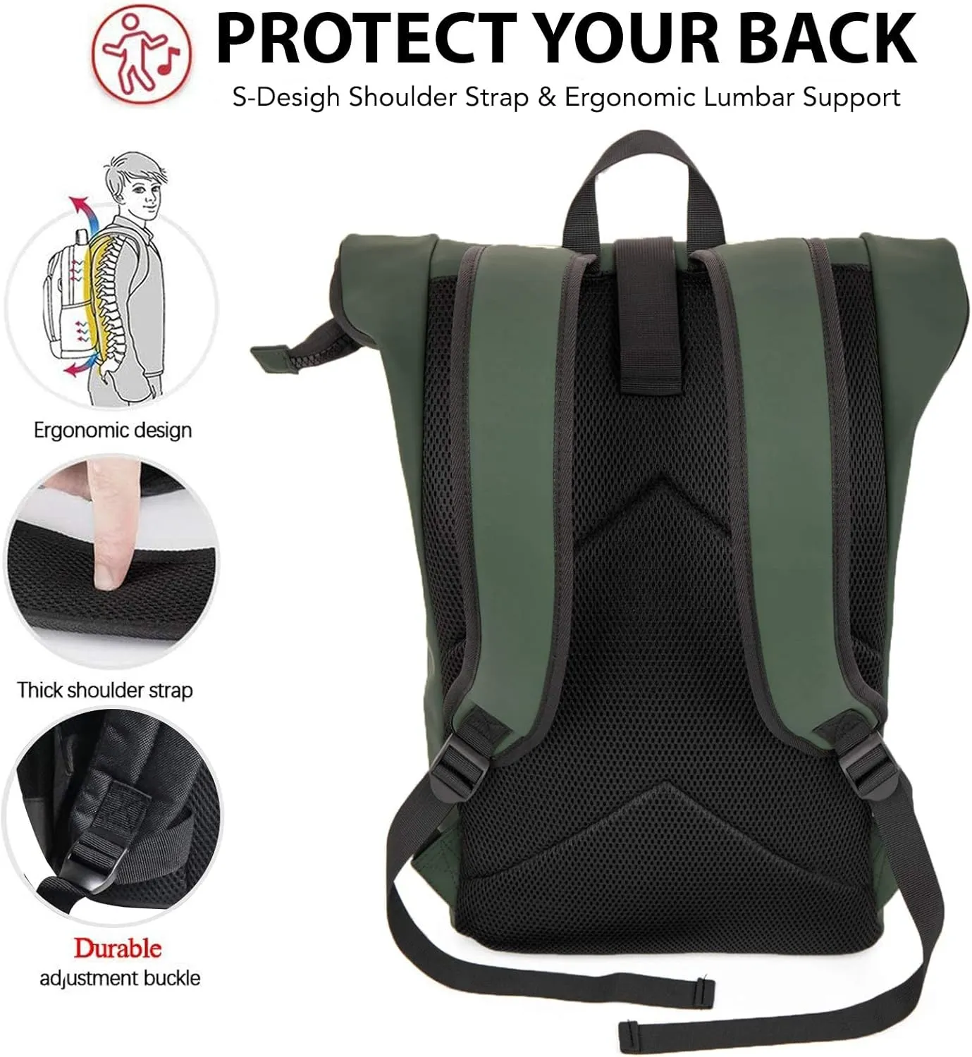 X RAY Roll Top Laptop Backpack for Men Women, PU Leather Expandable Roll Up Backpack Capacity Adjustable 22L & Fits 15.6" Laptop, Dark Olive