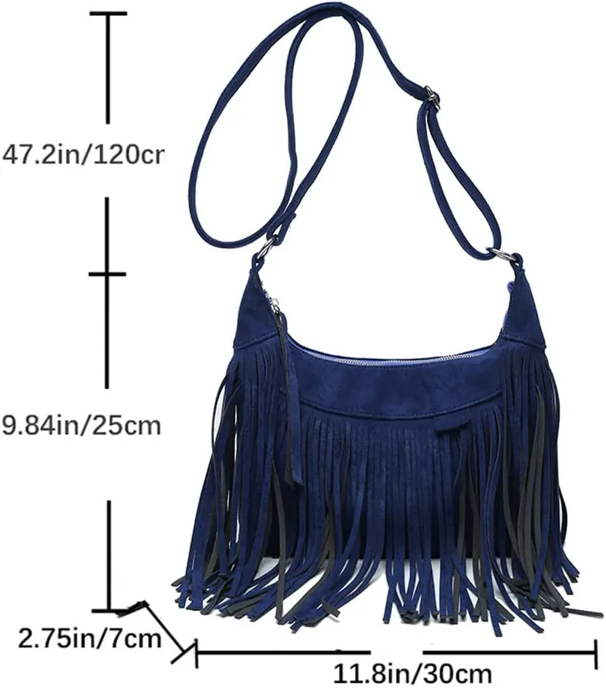 XXGJOALD-Fringe Crossbody Bag for Women Vintage Suede Hobo Purse Handbags Shoulder Bag Bohemian Messenger Bags Zip Satchel