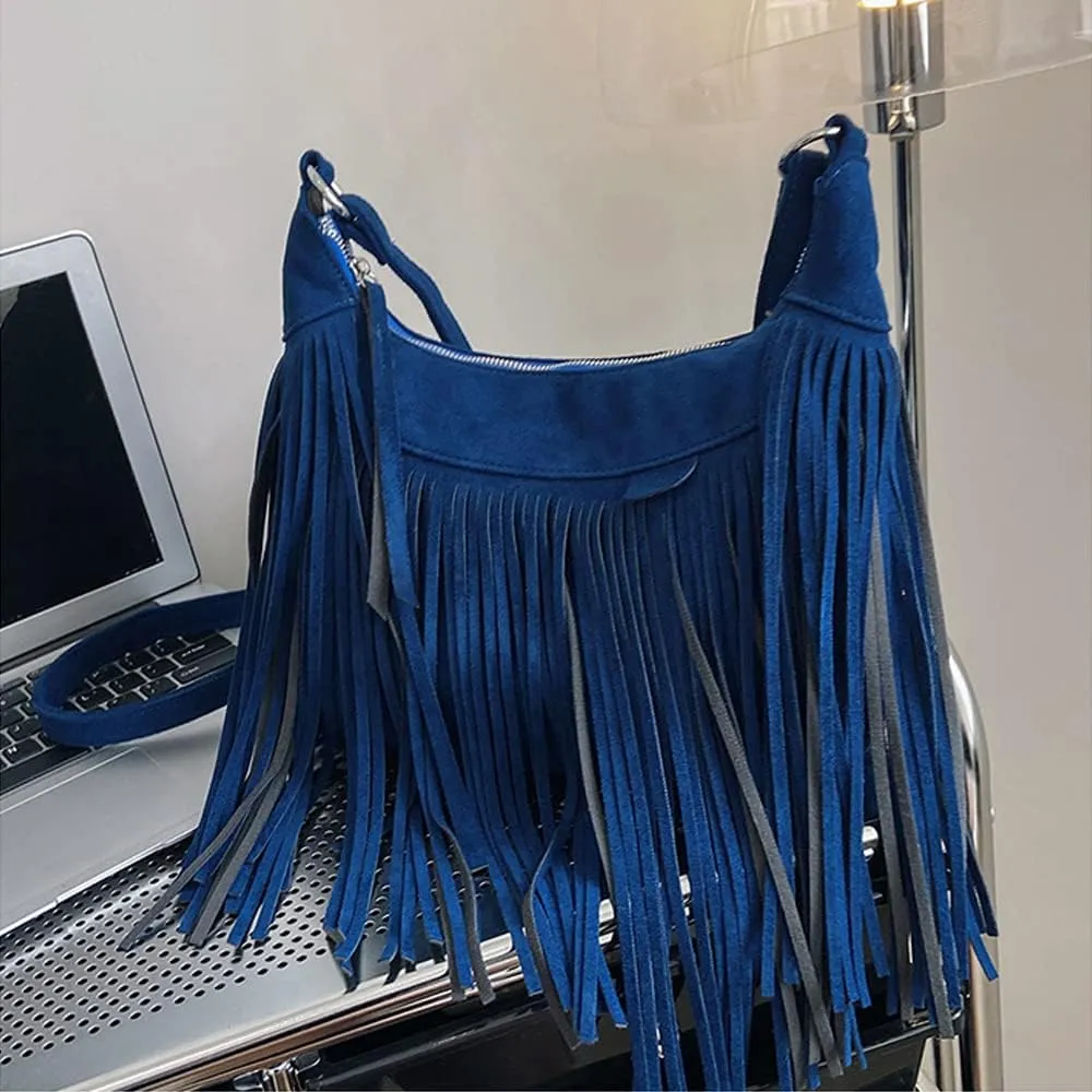 XXGJOALD-Fringe Crossbody Bag for Women Vintage Suede Hobo Purse Handbags Shoulder Bag Bohemian Messenger Bags Zip Satchel