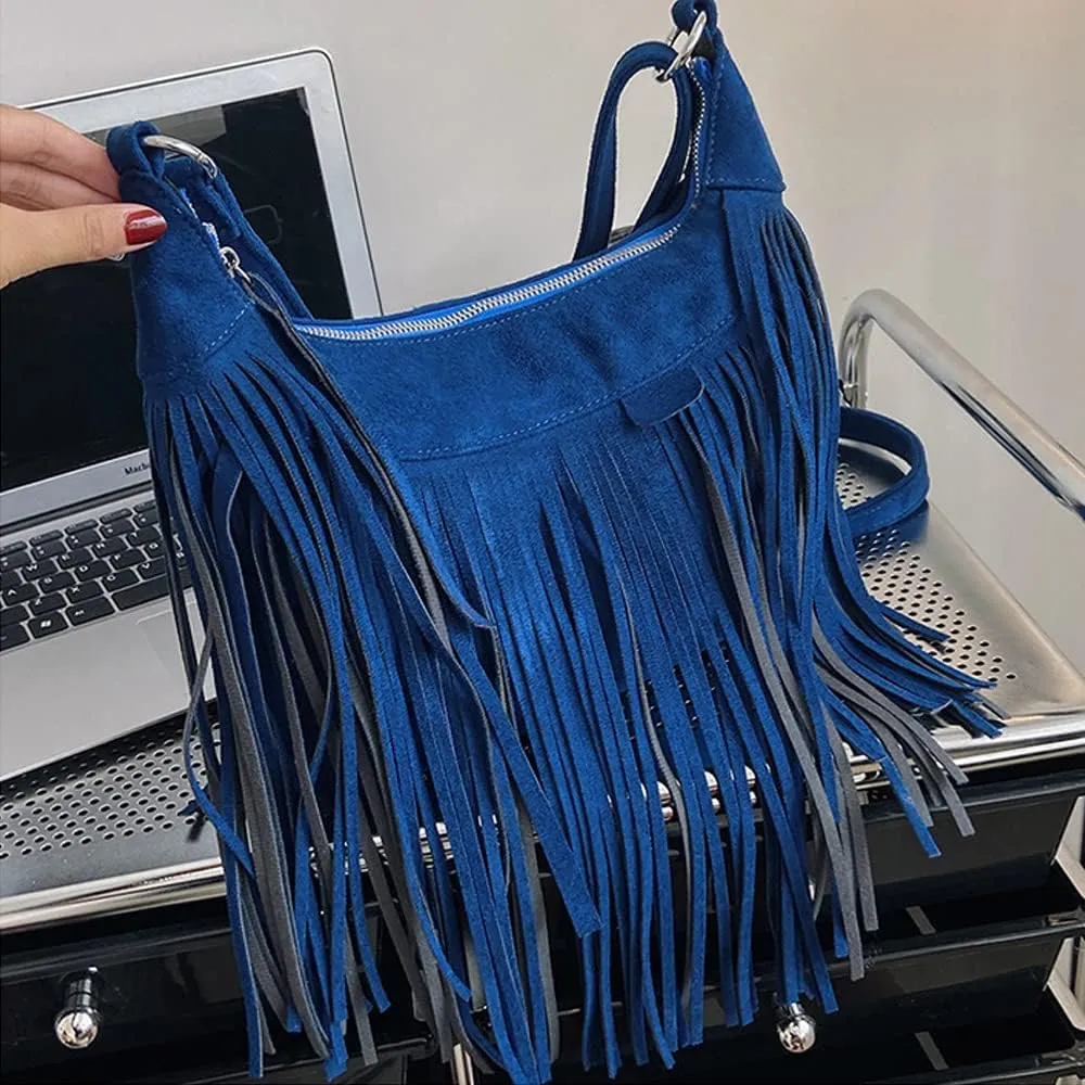XXGJOALD-Fringe Crossbody Bag for Women Vintage Suede Hobo Purse Handbags Shoulder Bag Bohemian Messenger Bags Zip Satchel