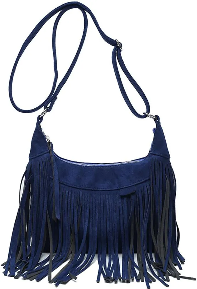 XXGJOALD-Fringe Crossbody Bag for Women Vintage Suede Hobo Purse Handbags Shoulder Bag Bohemian Messenger Bags Zip Satchel