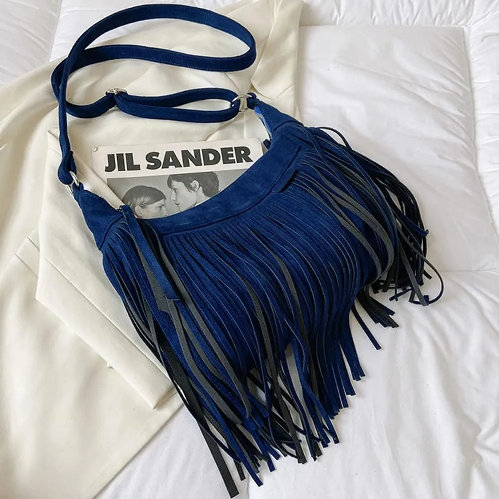 XXGJOALD-Fringe Crossbody Bag for Women Vintage Suede Hobo Purse Handbags Shoulder Bag Bohemian Messenger Bags Zip Satchel