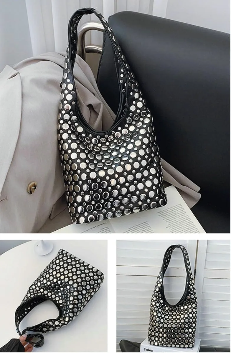 Y2k 90s Crescent Hobo Bags Women Studded PU Leather Shoulder Crossbody Purse Trendy Punk Underarm Satchels Bag Tote Handbag